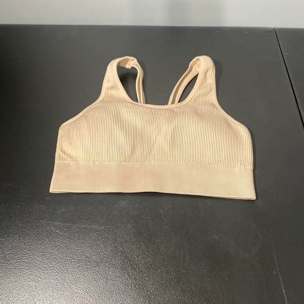 Aerie Women's Beige Ribbed Seamless Padded Scoop Neck Sports Bralette